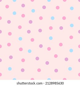 Stylish vector seamless background with soft pink color and polka dots. Flat style. Simple pattern. For children's clothing, home decor, fashionable fabrics, backgrounds, postcards and templates, scra