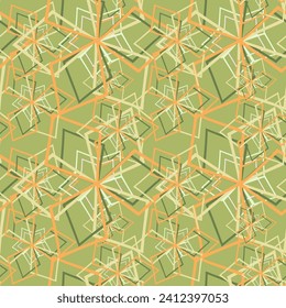 Stylish vector seamless pattern. Background for calico, fabric, linen. Vertical, horizontal, strokes,lines and figures green, orange, beige on alight green background. Аbstract design for paper, cover