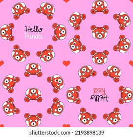 Stylish vector seamless pattern with heads of a cute red panda character with a hairdo, bows, handwritten 
"Hello panda" and "Hello red" lettering and hearts on a crimson background.