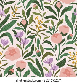 Stylish vector seamless pattern in pastel colors. Spring botanical print design in hand-drawn style. Decorative peony and rose. Beautiful Floral seamless texture for fabric, wallpaper or wrapping. 