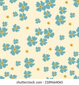 Stylish vector seamless pattern with scattered flowers. Elegant floral background  for wallpapers, fabric, textile, cloth, tiles, covers, packaging. Beige, light blue, yellow color. Doodle style 