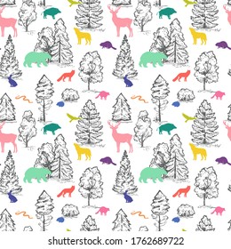 Stylish vector seamless pattern with sketch trees and flat animals. Wild colorful animals silhouettes and trees isolated on white background. Textile, wrapping paper, page fill, web design, wallpaper