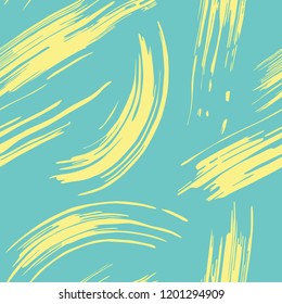 Stylish vector seamless pattern with 	yellow brush strokes on turquoise backdrop. Background for wrapping, packing paper, wallpaper, fabric, decoration.