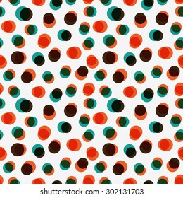 Stylish vector seamless polka dot pattern in modern colors. Creative background made of casual circles  randomly colored. Geometric retro wallpaper.