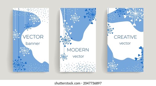 Stylish vector set with abstract snowflakes and tiny hearts. Delicate blue and white texture. Elegant design for winter holidays, social media posts, stories, cards, banners, posters, greetings