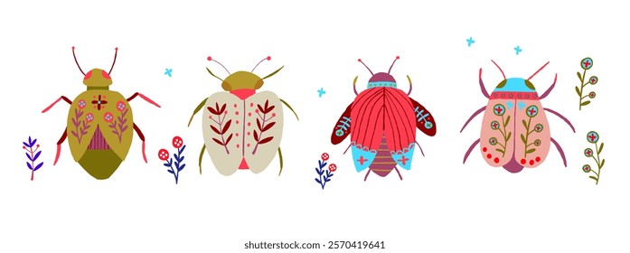 Stylish vector set of bugs, insects, and moths with greenery accents. Perfect for clip art, digital designs, nature-themed projects, or creative backgrounds with a modern botanical vibe