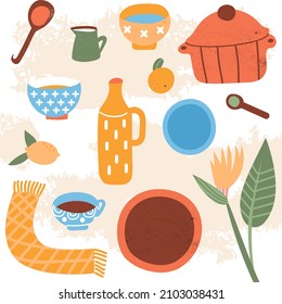 Stylish vector set of ceramic dishes. Plates bowls vases pots spoons and cups. As well as flowers and fruits and a hand towel.