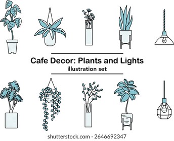 Stylish vector set of indoor plants and pendant lights in blue tone – cafe-style home decor with potted houseplants and modern lighting, minimal botanical illustration on white background