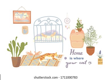 Stylish vector set of interior and decor elements, in the form of houseplants, beds, bedside tables, paintings, dream catcher, cat sleeping on a rug. Scandy style.