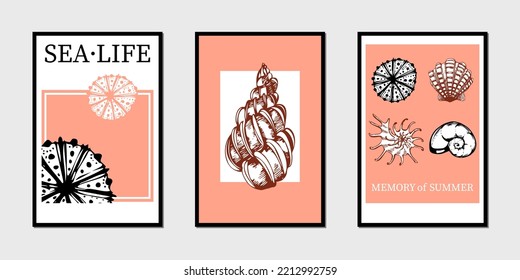 stylish vector set of poster layouts with hand-drawn stylized shells and lettering.Restrained pink gamma posters for needlework,design,advertising.