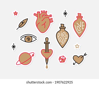 Stylish vector set of trendy stickers with anatomical heart, dagger, love spell and poison. Associations with love obsession, unrequited love, magic, witchcraft. Unusual concept for Valentine's Day.