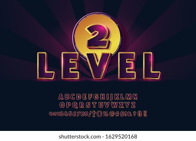 Stylish vector sign set on 2 Levels. Unique bright purple-yellow font. Glowing letters and numbers of the alphabet on a dark background with rays.
