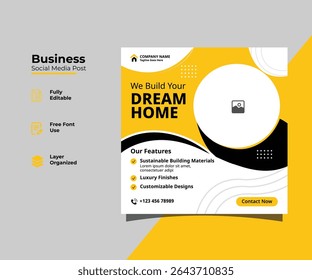 Stylish vector social media banner template ideal for real estate businesses and home development promotions. Features bold elements, modern curves, and high-contrast design. Perfect for online market