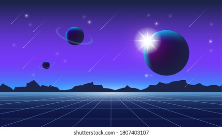 
stylish vector space illustration with planets and falling comets