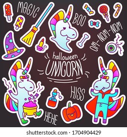 Stylish vector stickers in the halloween theme with a unicorn. A set of Halloween paraphernalia and several creepy images: a vampire, a sorcerer, a ghost. Rainbow pictures for decorating a diary.