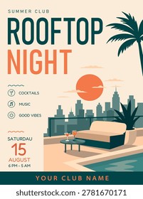 Stylish vector summer event poster cityscape, sunset, palm tree, lounge furniture, swimming pool. Cocktails, music, positive atmosphere. Perfect for club promotions, party flyers, summer events