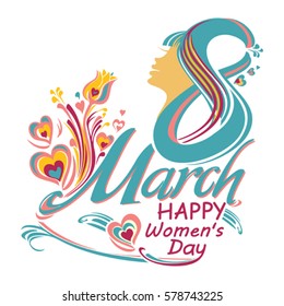 Stylish vector symbol 8 March. Pattern with flower and hearts.