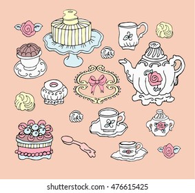 Stylish vector tea party set. Cute design elements.