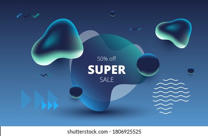 
stylish vector template in blue and green colors with floating geometric shapes and liquid drops