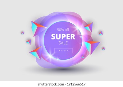 stylish vector template with gray background, bright neon geometric shapes and super sale lettering