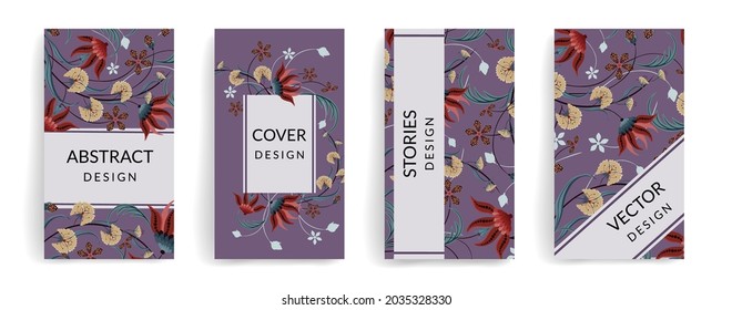 Stylish vector template for invitations, social media posts, stories, banners, mobile apps, web and internet ads. Design with beautiful hand drawn wildflowers and place for text on purple background