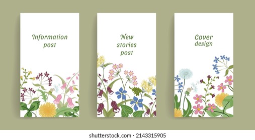 Stylish vector template for invitations, social media posts, stories, banners, mobile apps, web and internet advertising. Design with beautiful hand drawn wildflowers and copy space for text