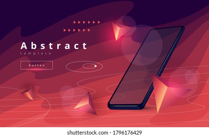 stylish vector template for landing page with mobile phone, wavy lines and polygons