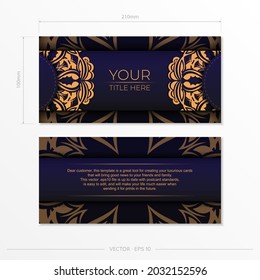 Stylish vector Template for postcard print design in purple color with luxury Greek ornaments. Preparing an invitation card with vintage patterns.