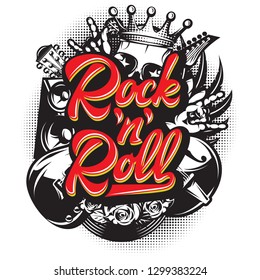 Stylish vector template for printing on the theme of rock music with a calligraphic inscription rock n roll.