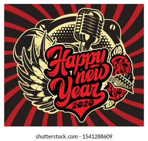 Stylish vector template for printing on the theme of rock music with calligraphic inscription Happy new year.