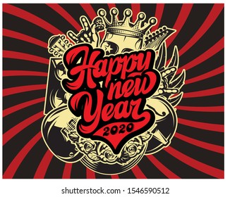 Stylish vector template for printing on the theme of rock music with calligraphic inscription Happy new year.