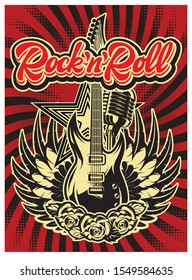 Stylish vector template for printing on the theme of rock music with a calligraphic inscription rock n roll.