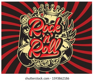 Stylish vector template for printing on the theme of rock music with a calligraphic inscription rock n roll.