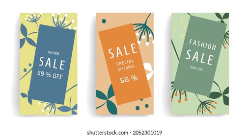 Stylish vector template for social media posts, stories, banners, mobile apps, internet ads. Bright layout of abstract shapes, leaves and berries in a doodle style. Design with copy space for text