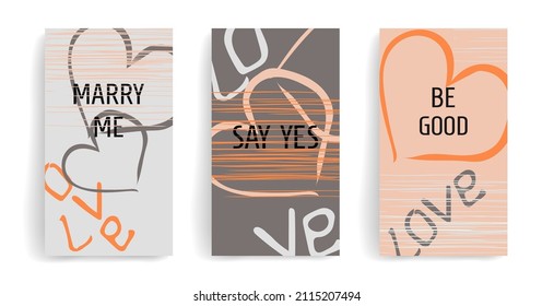Stylish vector template for social media posts, stories, banners, mobile apps, advertising. Romantic design with a heart and thin chaotic lines, with space for text, trendy colors, gray, orange, pink