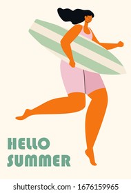 Stylish vector template with a surfer young woman. Girl power illustration.