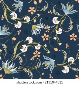 Plantilla vectorial de diseño para impresiones de moda. Hermosas flores silvestres rojas y beige con motivos azules sobre un fondo azul oscuro. Diseño repetitivo para papel de pared, cubierta, textiles, baldosas, tela