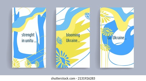 Stylish vector template in Ukrainian flag colors with blooming daisies for social media posts, stories, banners, mobile apps, web, advertising. Simple design with copy space for text