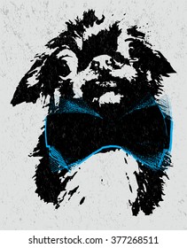 Stylish vector textured portrait of a funny dog wearing a bow