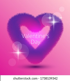 stylish vector valentine`s day postcard with fluffy voluminous heart and shine