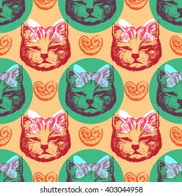 Stylish vector vintage colorful pattern with hand drawn cats, bows and cookies