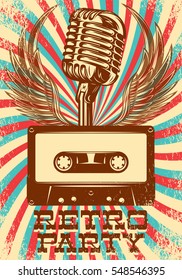 stylish vector, vintage template for party poster with microphone, audio cassette, karaoke, illustration