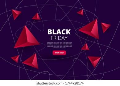 stylish vector with volumetric triangles and curved lines on a dark background