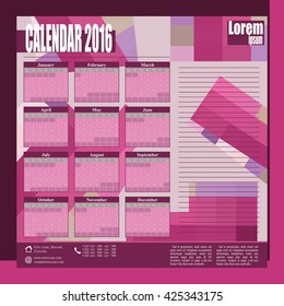 Stylish vector wall calendar 2016 - pink colour