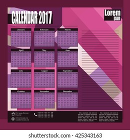 Stylish vector wall calendar 2017 - pink colour