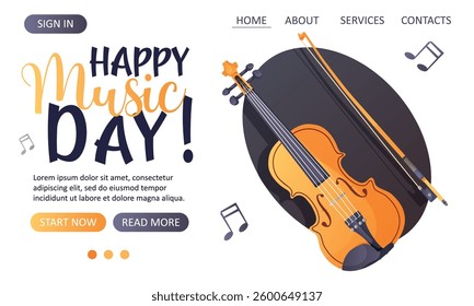 Stylish vector web template featuring a bright violin on a light background with notes for a music website, school, or concert poster  
