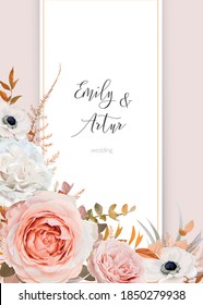 Stylish vector wedding invite, invitation card design. Bouquet  frame, border of blush peach ivory rose flowers, white anemone, lush fall eucalyptus, golden fern leaves on tender dusty pink background
