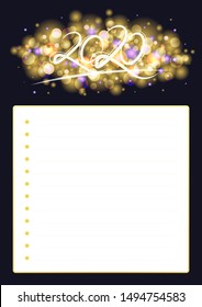 Stylish vector wish list or checklist card with golden festive lights. Holiday background. Christmas or New Year party organizer, planner, banner, poster. Template for 2020 year. Vertical composition