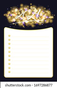 Stylish vector wish list or planner poster with golden festive lights. Holiday background. Christmas or New Year business organizer, planner, banner. Template for 2021 year. Vertical composition