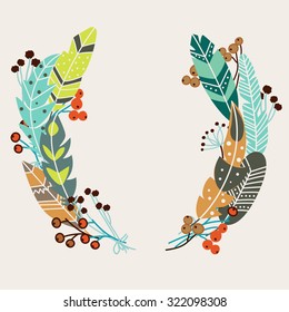 Stylish vector wreath made of vintage ethnic feathers and berries in pastel modern colors. Ideal for cards, website design, logo, birthday, Valentines Day and any type of celebration